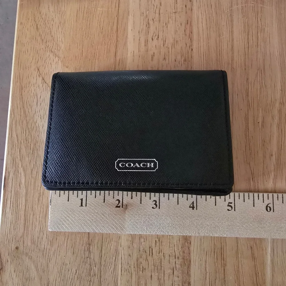 Coach Saffiano Leather Bifold Card Case Wallet  Black Classic Minimalist